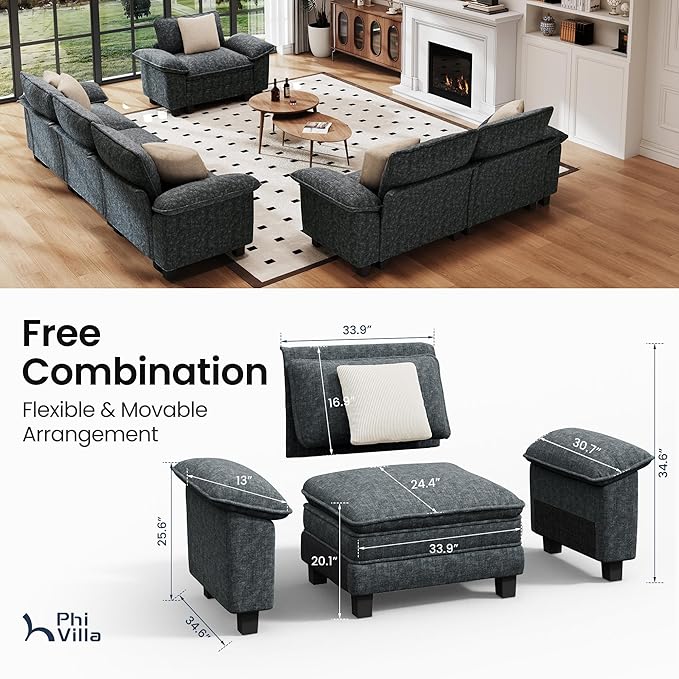 PHI VILLA Cloud Modular Couches Sets, 3 Pieces Large Sectional Sofa Set with Loveseats & Single Sofa, 6-Seater Upholstered Couch for Living Room, Chenille Fabric, Dark Cyan