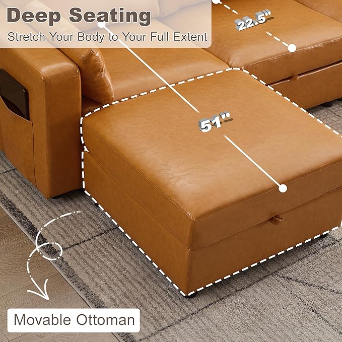 98.2" Modular Sectional Storage Couch, Oversized Faux Leather L Shaped Couch, Modern Cloud Upholstered Sofa with Headrest & Side Pocket, Sectional Sofa for Living Room Apartment Small Spaces, Brown