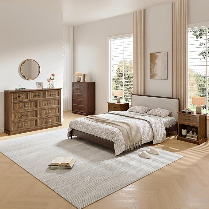 Farmhouse Dresser and Nightstand Sets, 4Pcs Bedroom Furniture Set, Nightstand Set of 2 & 55" Wide 9 Drawer and 44" Tall 5 Drawer Dresser with Large Drawers & Bar Handles, Brown