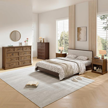 Farmhouse Dresser and Nightstand Sets, 4Pcs Bedroom Furniture Set, Nightstand Set of 2 & 55" Wide 9 Drawer and 44" Tall 5 Drawer Dresser with Large Drawers & Bar Handles, Brown