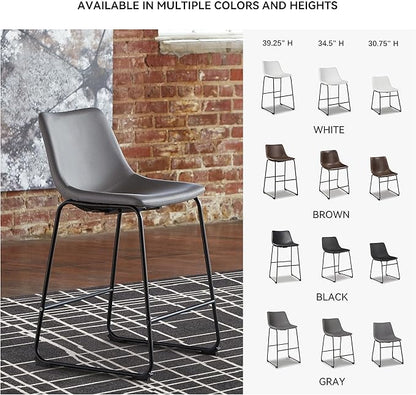 Signature Design by Ashley Centiar Modern Faux Leather 23.75" Counter Height Bucket Seat Barstool, Tubular Metal Base, Footrest for Comfort, Set of 2, Gray
