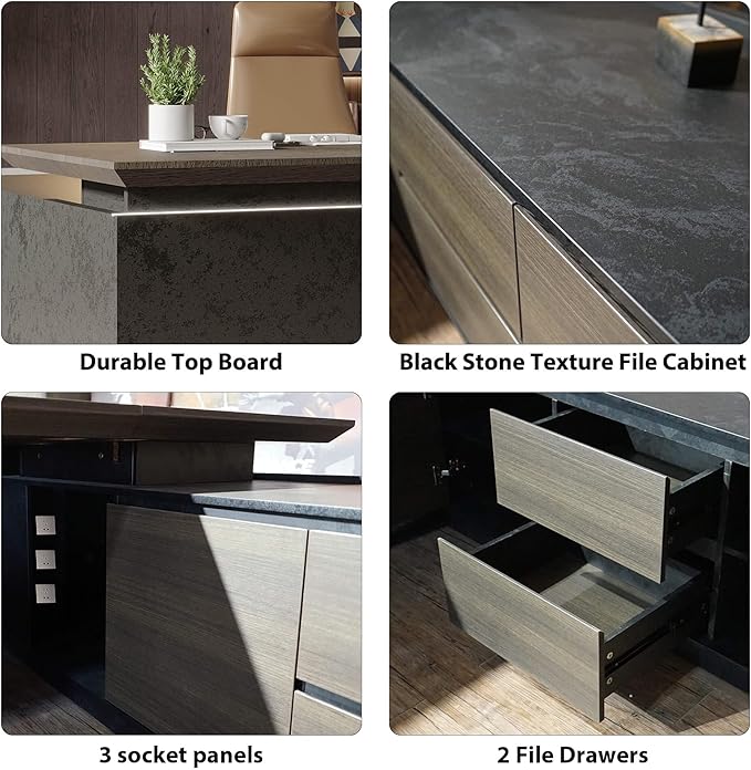Adjustable Height L-Shaped Executive Desk with LED Light Strip - Black Inverted Trapezoid Design, Includes Storage Cabinet with Drawers & Doors, Ergonomic Standing Office Desk for Home & Office 78.7"