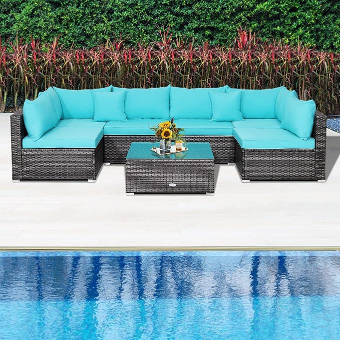 Tangkula 7 Pieces Patio Furniture Set, Patiojoy All-Weather Outdoor Rattan Sectional Sofa Set with Cushions and Tempered Glass Coffee Table, for Garden, Lawn, Backyard (Turquoise)