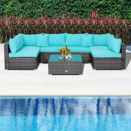 Tangkula 7 Pieces Patio Furniture Set, Patiojoy All-Weather Outdoor Rattan Sectional Sofa Set with Cushions and Tempered Glass Coffee Table, for Garden, Lawn, Backyard (Turquoise)
