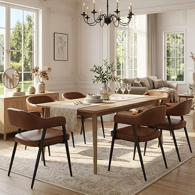 HNY Modern Dining Room Arm Chairs Set of 4, Retro Faux Leather Upholstered Barrel Dining Chairs with Arms Mid-Century Brown Accent Chair with Metal Legs, Open-Back Kitchen Side Chair for Living Room