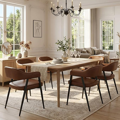 HNY Modern Dining Room Arm Chairs Set of 4, Retro Faux Leather Upholstered Barrel Dining Chairs with Arms Mid-Century Brown Accent Chair with Metal Legs, Open-Back Kitchen Side Chair for Living Room