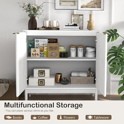 Fluted Cabinet with Storage, Buffet Cabinet Sideborad with Door, Kitchen Buffet Storage Accent Cabinets with Adjustable Shelves for Living Room, Entry, Hallway, White