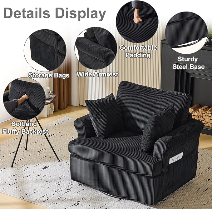 Karl home 39" Swivel Accent Chair,Oversized Seat Armchair W/2 Pillows and 4 Pockets,Modern Upholstered Corduroy Barrel Chairs,Comfy Single Sofa for Living Room,Reading,Bedroom and Office -Black
