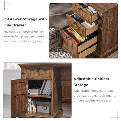 OKD 60" L Shaped Executive Desk with Hutch and Drawers, Farmhouse Home Office Desk with Charging Station, File Cabinet Storage, Wood Corner Computer Desk for Work and Study, Reclaimed Barnwood