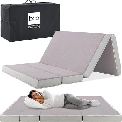 Best Choice Products 4in Portable Full-Size Mattress, Tri-Fold Mattress for Camping, Guest, Toddler, Foam Plush w/Carry Case - Grey