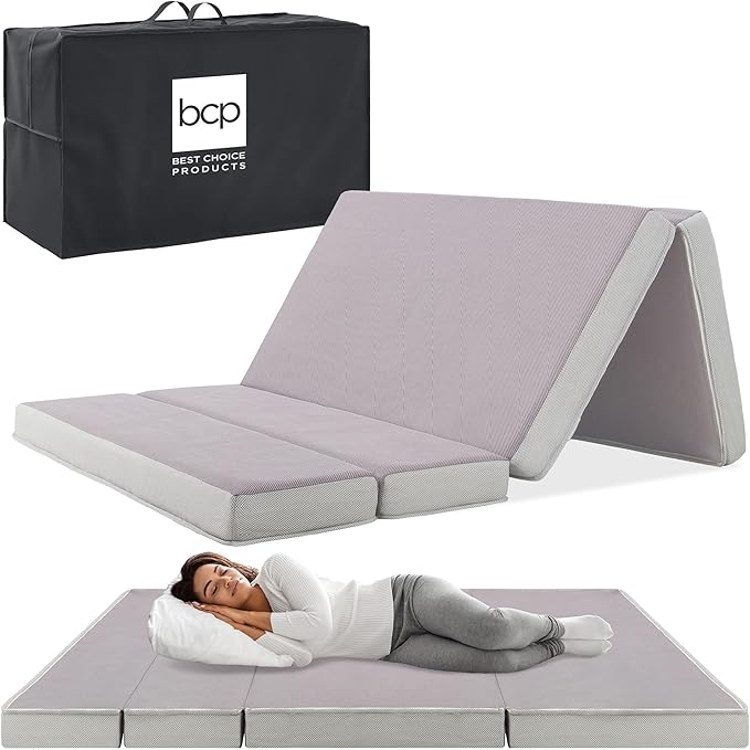 Best Choice Products 4in Portable Queen-Size Mattress, Tri-Fold Mattress for Camping, Guest, Toddler, Foam Plush w/Carry Case - Grey