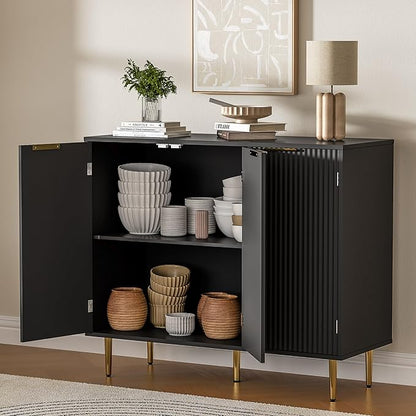 Fluted Sideboard Buffet with 3 Doors, Modern Accent Cabinet with Adjustable Shelves, Kitchen Storage Cabinet with Golden Handles, Coffee Bar for Kitchen, Living Room, Black