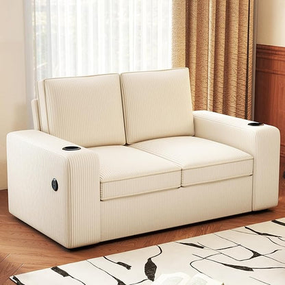 Furnimart 58" Wide Plush Loveseat, 2-Seater Sofa with Dual-Port USB Charger & Cup Holders, Corduroy Fabric, Modern Accent Couch for Small Spaces, Apartment, Living Room(Corduroy-Beige)