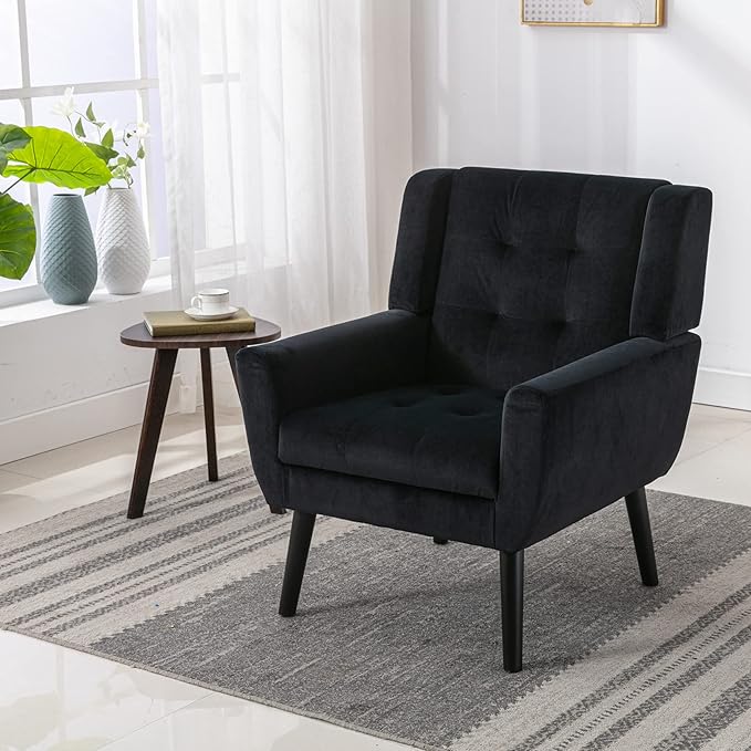 Dolonm Midcentury Modern Velvet Accent Chair with Arms, Upholstered Reading Side Chair Tufted Back Decorative Wingback Chair for Living Room Bedroom (Black)