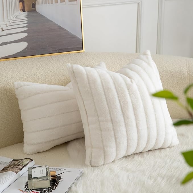 Pack of 2 Faux Fur Throw Pillow Covers 24x24 Inch Striped Decorative Soft Plush Couch Pillow Case Home Decor for Bed, Sofa, Living Room Cream White