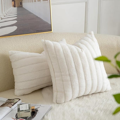 Pack of 2 Faux Fur Throw Pillow Covers 18x18 Inch Striped Decorative Soft Plush Couch Pillow Case Home Decor for Bed, Sofa, Living Room Cream White
