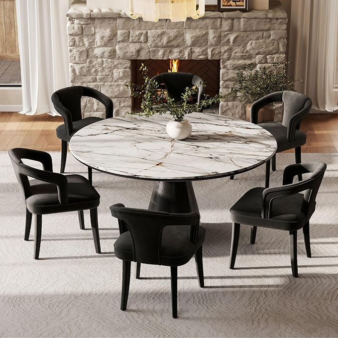 Black Velvet Dining Chairs Set of 6, Modern Upholstered Accent Chairs with Curved Back & Arms, Comfy Large Fully Upholstered Side Chair for Living Room