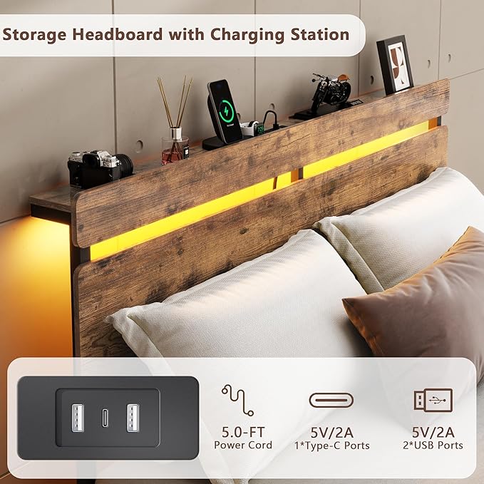 Forestell Queen Bed Frame with Wood Headboard, Metal Platform Bed with 2 Storage Drawers & Shelf, Built-in Charging Station & LED Lights, No Box Spring Needed, Vintage Brown, Cama Queen Size