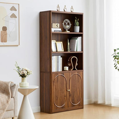 70.8" Tall Fluted Bookshelf with Storage Cabinet, Modern 5-Tier Wood Bookcase with Open Display Storage Shelf, Gold Handles for Office Living Room (Walnut)