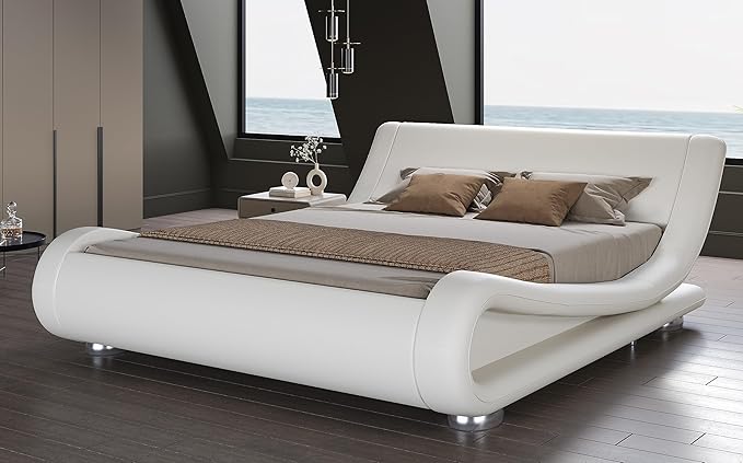 SHA CERLIN Queen Size Upholstered Bed Frame, Deluxe Low Profile Sleigh Bed with Faux Leather Ergonomics Headboard, No Box Spring Needed & Easy Assembly, White