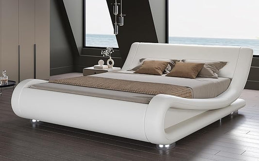 SHA CERLIN Full Size Upholstered Bed Frame, Deluxe Low Profile Sleigh Bed with Faux Leather Ergonomics Headboard, No Box Spring Needed & Easy Assembly, White