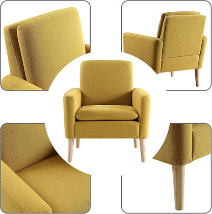 Lohoms Mid-Century Modern Accent Chair, Linen Fabric Upholstered Comfy Reading Leisure Chair for Living Room, Bedroom, Office, Waiting Room, Wood Legs, Mustard Yellow