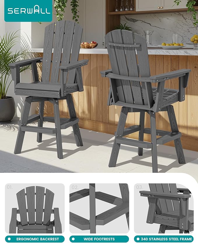 SERWALL 3-Piece Swivel Adirondack Bar Set, HDPE Swivel Bar Height Chairs Set of 2 with Bar Table, All-Weather Outdoor Barstools for Patio, Poolside, Garden, Grey