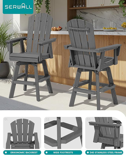 SERWALL 3-Piece Swivel Adirondack Bar Set, HDPE Swivel Bar Height Chairs Set of 2 with Bar Table, All-Weather Outdoor Barstools for Patio, Poolside, Garden, Grey