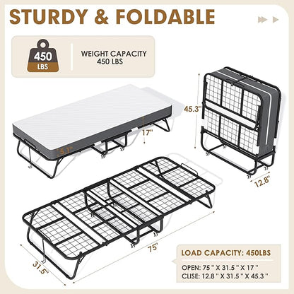 Superday Folding Bed with Mattress, 75" x 31" Folded Bed, Roll Away Beds with Mattresses for Adults, Portable Roll Away Guest Beds for Easy Storage, Space-Saving Sturdy Metal Frame