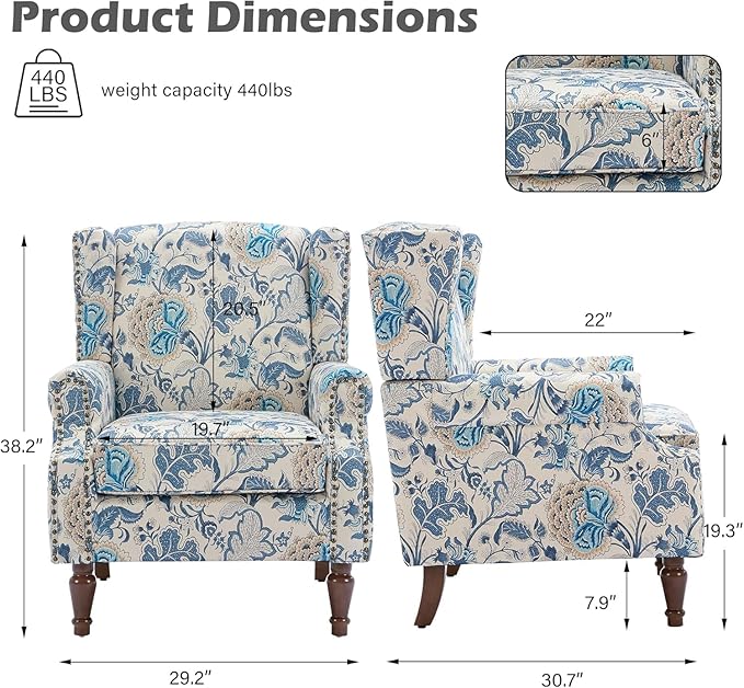 UIXE High Back Floral Accent Chair, Fabric Upholstered Armchair Wingback Arm Chair for Living Room, Nailhead Trim Single Sofa Bedroom Side Reading Seat with Retro Solid Wood Legs - Boho Blue