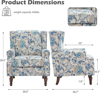 UIXE High Back Floral Accent Chair, Fabric Upholstered Armchair Wingback Arm Chair for Living Room, Nailhead Trim Single Sofa Bedroom Side Reading Seat with Retro Solid Wood Legs - Boho Blue