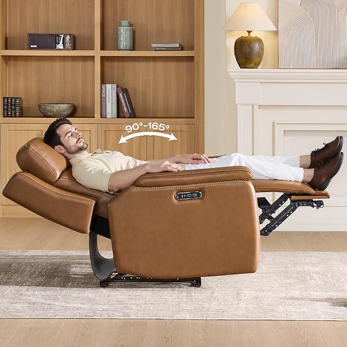 Watson & Whitely Oversized Lay Flat Recliner for Big and Tall, Genuine Leather Electric Recliner Chairs for Adults with Power Headrest & Chargers for Living Room, Saddle Brown
