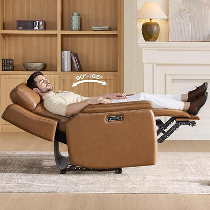 Watson & Whitely Oversized Lay Flat Recliner for Big and Tall, Genuine Leather Electric Recliner Chairs for Adults with Power Headrest & Chargers for Living Room, Saddle Brown