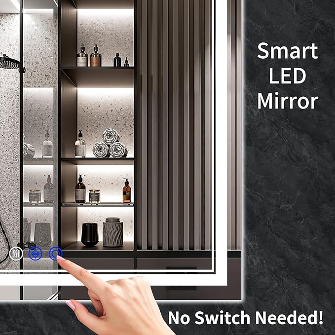 60"x30" LED Bathroom Mirror with Anti-Fog, Stepless Dimmable Lights, 3 Color Modes, Shatter-Proof Tempered Glass, Memory Function & Waterproof Design