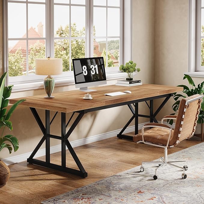 Tribesigns 70.86-Inch Large Executive Desk, Industrial Home Office Computer Desk, Simple Long Writing Study Table Business Furniture (Light Brown/Black)