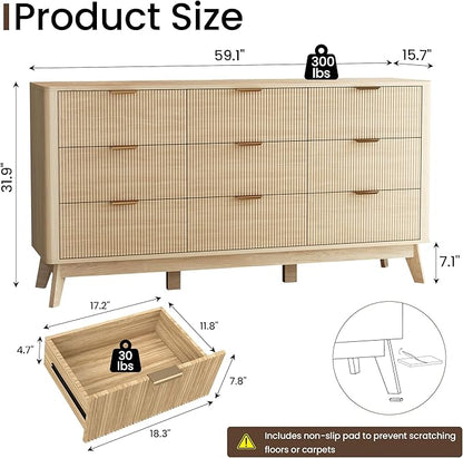 SUNWAVE Fluted 9 Drawer Dresser for Bedroom, 59.1" Wide Modern Large Dresser with Round Corner, Wood Drawer TV Stand for Living Room