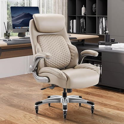 COLAMY Office Ergonomic Desk High Back Executive Chair with Pop-Out Lumbar Support, Upgraded Casters, Adjustable Headrest, Flip-Up Arms, Leather Home with Thick Cushion for Comfort - Khaki