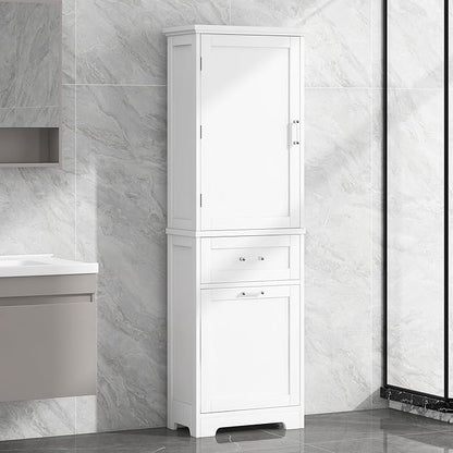 Tall Bathroom Storage Cabinet, Freestanding Storage Cabinet with 1 Door, 2 Different Size Drawers for Bathroom Living Room (White)