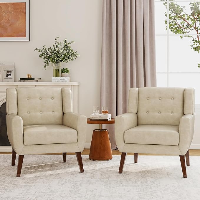 Lumibee Accent Chairs Set of 2, Modern Faux Leather Armchairs for Living Room, Comfy Upholstered Arm Chairs Tufted for Indoor Bedroom Office Room (P Cream)