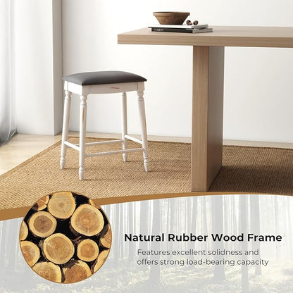 COSTWAY Upholstered Bar Stools Set of 4, 24-Inch Backless Counter Height Dining Stools with Delicate Wood Carving, Footrest, Solid Rubber Wood Frame, Farmhouse BarStools for Kitchen Island Bar, White