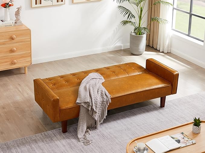 74" Loveseat Sofa with Vintage Button Tufting, Faux Leather Convertible Sleeper Futon Sofa Bed with Spring Cushion and Wood Legs for Apartments, Offices, Reception Areas, Living Rooms, Brown