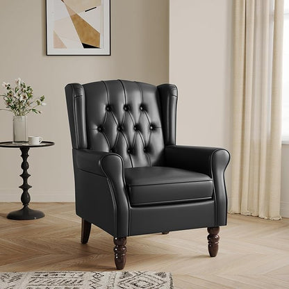 Lumibee High Back Accent Chair,Upholstered Faux Leather Wingback Armchair with Solid Wood Legs for Small Spaces,Comfy Single Sofa Chair for Living Room,Bedroom,Office-Black