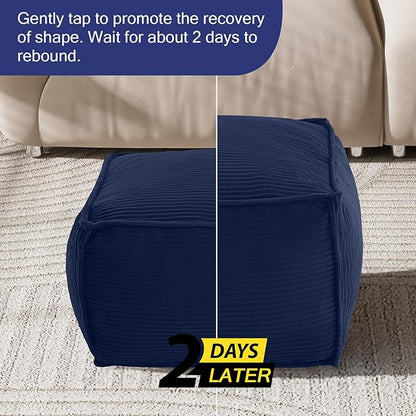 MeMoreCool Square Stuffed Pouf Ottoman Foot Rest, Corduroy Floor Pouf Foot Stool with Foam Chunk Filling, Soft Stuffed Ottoman Footrest for Living Room, Navy