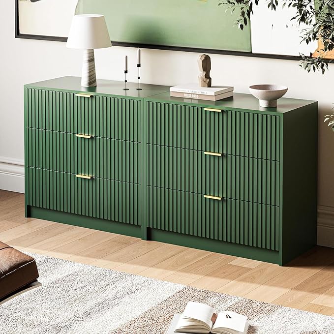 3-Piece Dresser Bedroom Set, 6 Drawer Dresser & 3 Drawer Nightstands with Gold Handles, Fluted Wood Chest of Drawers for Bedroom, Living Room, Entryway, Green