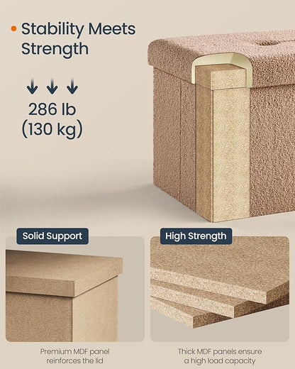 SONGMICS Small Folding Storage Ottoman, Foot Rest Stool, 12.2 x 16.1 x 12.2 Inches, Ottoman with Storage, Load up to 286 lb, for Living Room, Bedroom, Dorm, Camel Brown ULSF094K01