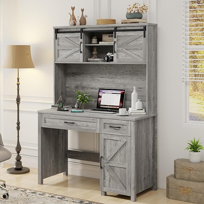 Farmhouse 47" Executive Computer Desk with 2 Drawers and Storage Cabinet, Home Office Desk with Hutch and Charging Station, Workspace for Work and Study (Grey).