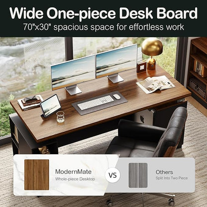 71" Standing Desk with 2 File Cabinet, AC/USB, 1.18" Desktop, L Shaped Height Adjustable Desk, Electric Furniture Set with Multiple Functions for Home and Office, Black Walnut