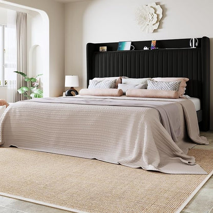 Allewie King Size Platform Bed Frame with USB Charging Station and Storage Shelf/Upholstered Velvet Wingback Headboard/Wooden Slats Support/No Box Spring Needed/Easy Assembly, Black