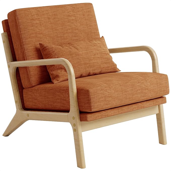 Claiks Mid-Century Modern Accent Chair, Living Room Armchair with Solid Wood Frame & Lumbar Pillow, Comfy Upholstered Lounge Chair for Bedroom, Office, Linen-Like Fabric, Orange