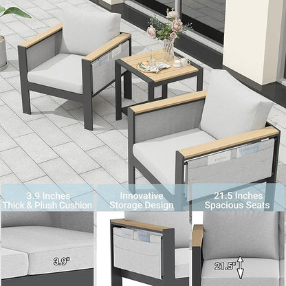 Corinth 3-Piece Aluminum Patio Conversation Set - Outdoor, Porch, Balcony, Yard, Gardern, All Weather, 2 Comfortable Sofa and 1 Coffee Table, White